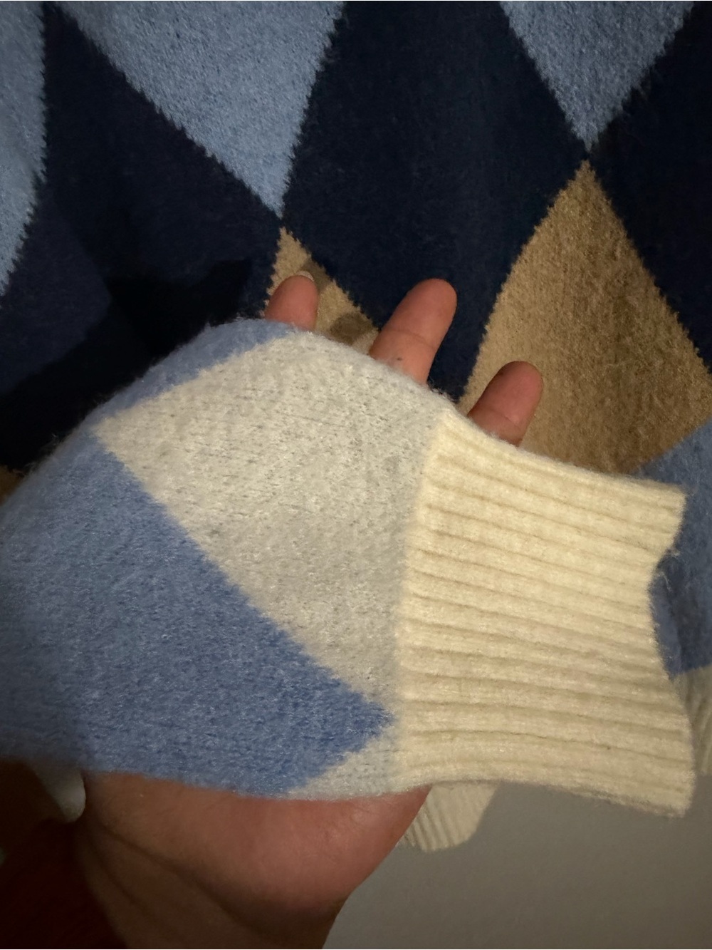 Men's Argyle Crewneck Sweater in Cream, Light Blue & Navy - Picture 4 of 9